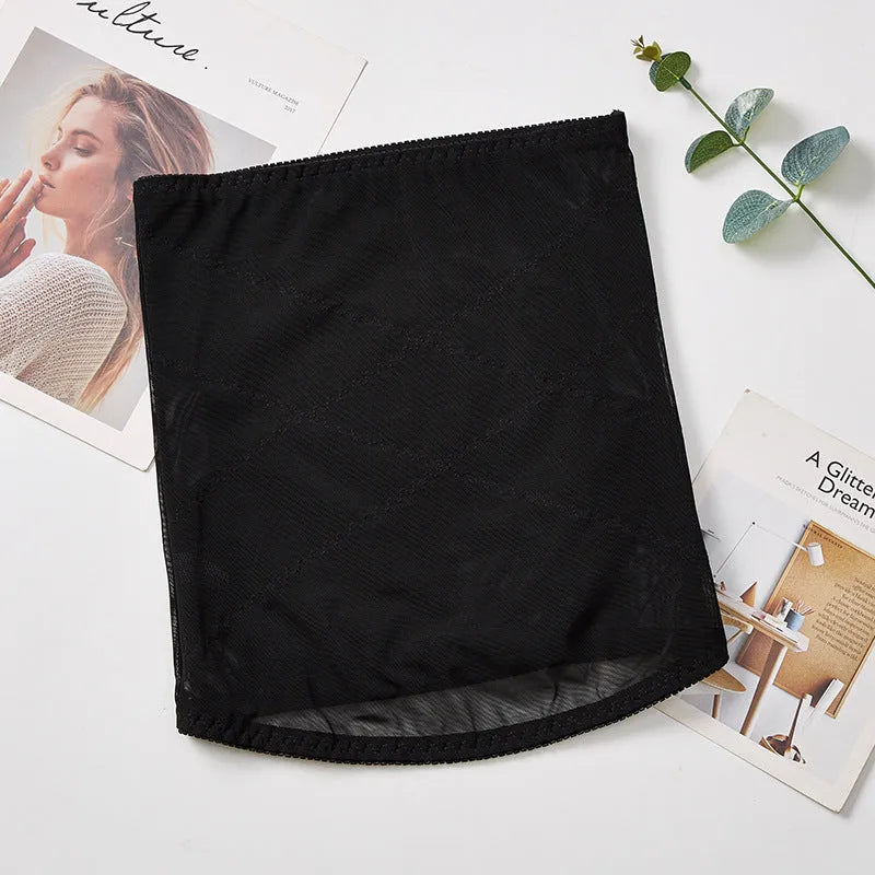 Black mesh postpartum waist shaping belt showing cross-waistband design for tummy slimming