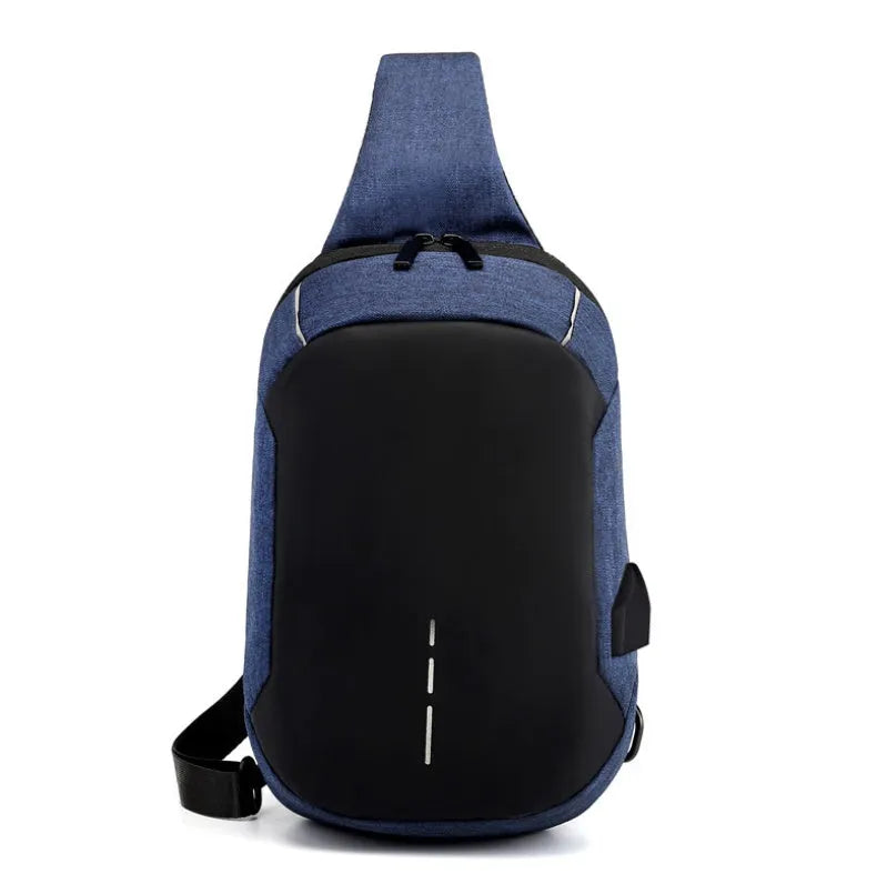 Small dark blue Oxford cloth waterproof chest bag with zip opening and single strap