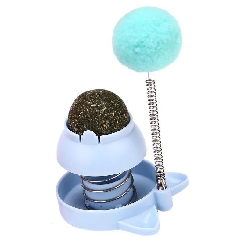Blue mint ball cat toy on a stick for licking, teeth cleaning, and interactive play.