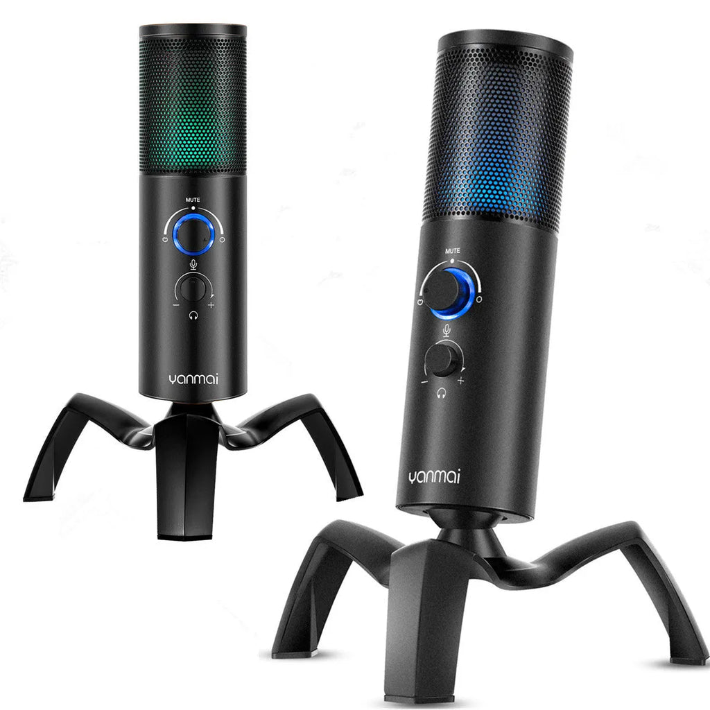 Black Q18 USB condenser microphone with RGB lights on adjustable metal tripod stand