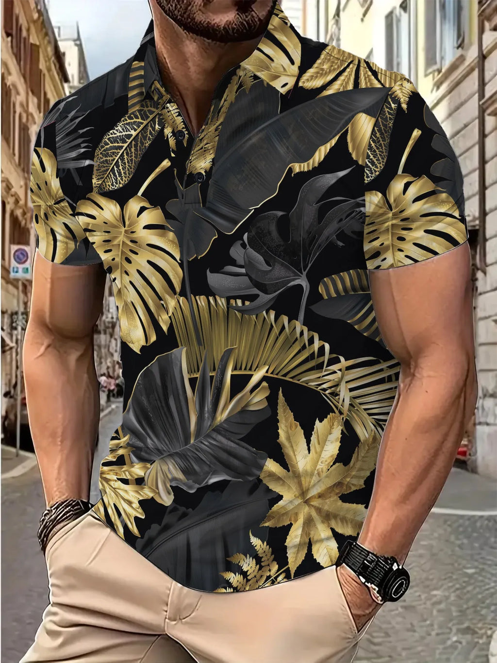 Men's gold tropical plant pattern printed short sleeve shirt in polyester fabric