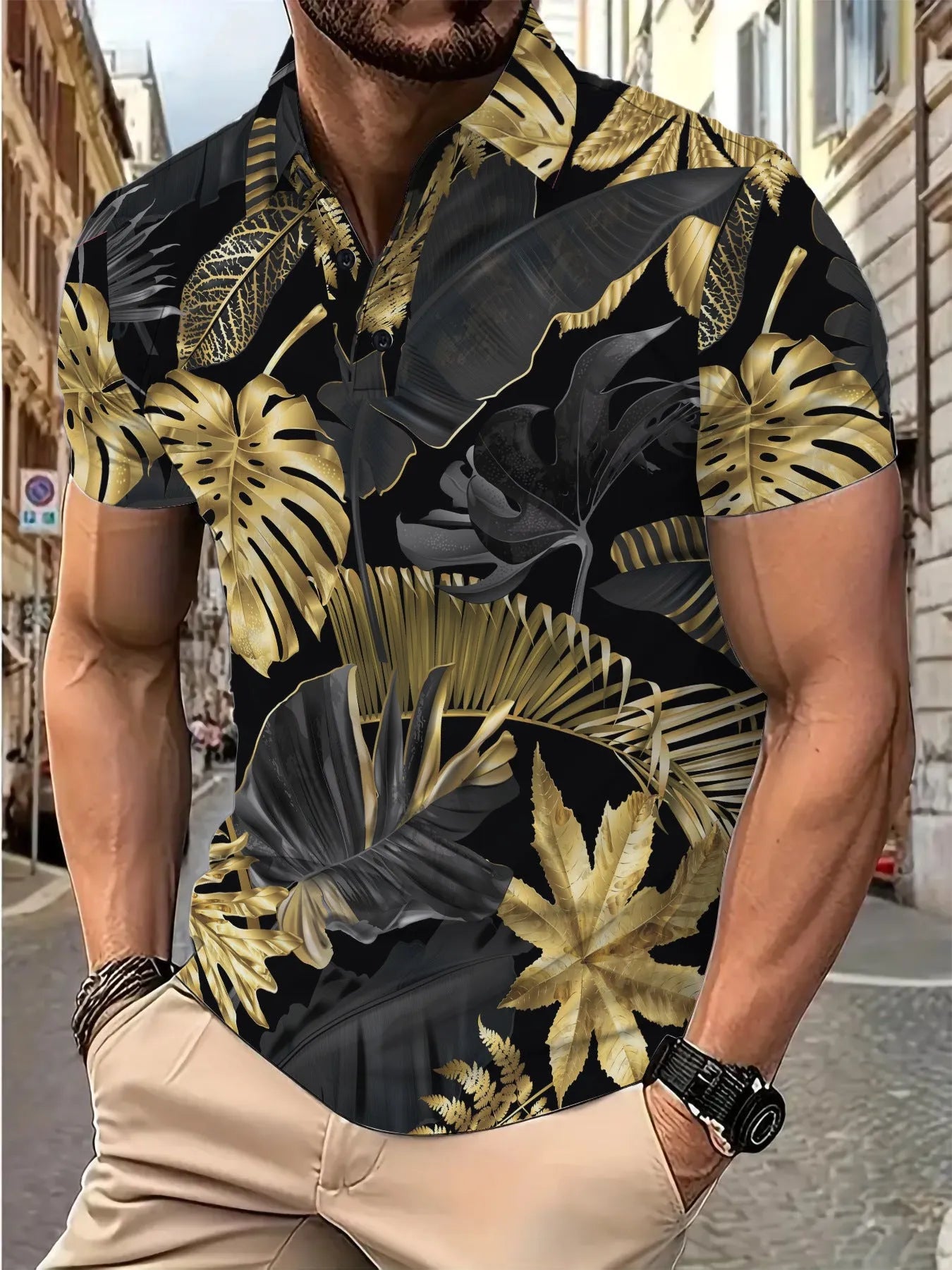 Men's gold tropical plant pattern printed short sleeve shirt in polyester fabric