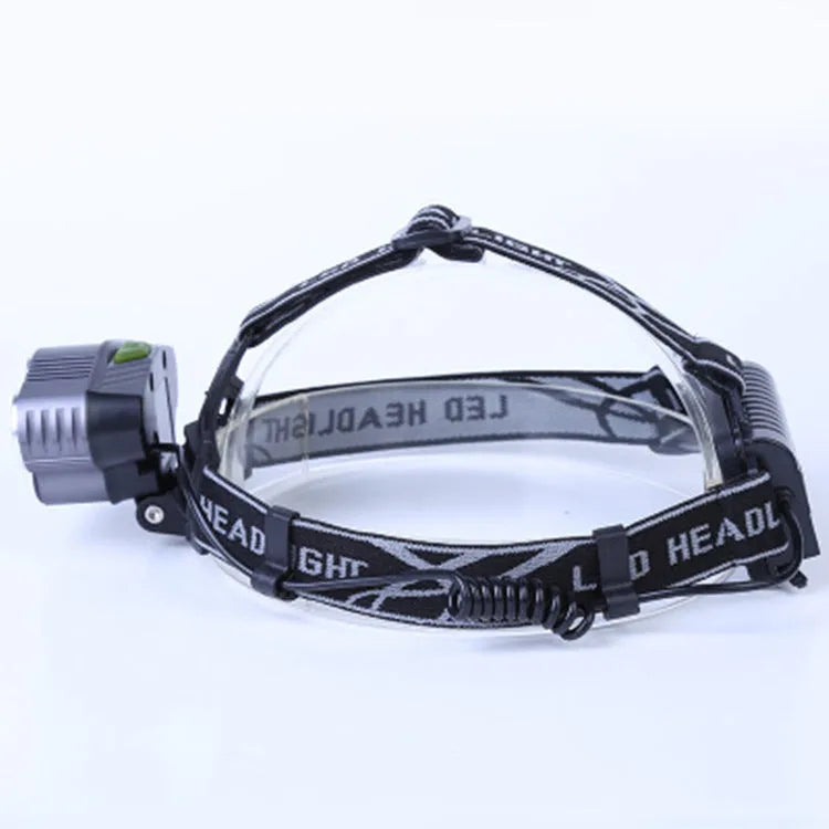 Outdoor head-mounted LED torch showing long-range beam, worn on head with adjustable strap.