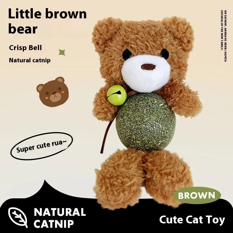 Plush cat toy with mint-scented ball and jingle bell in animal character design