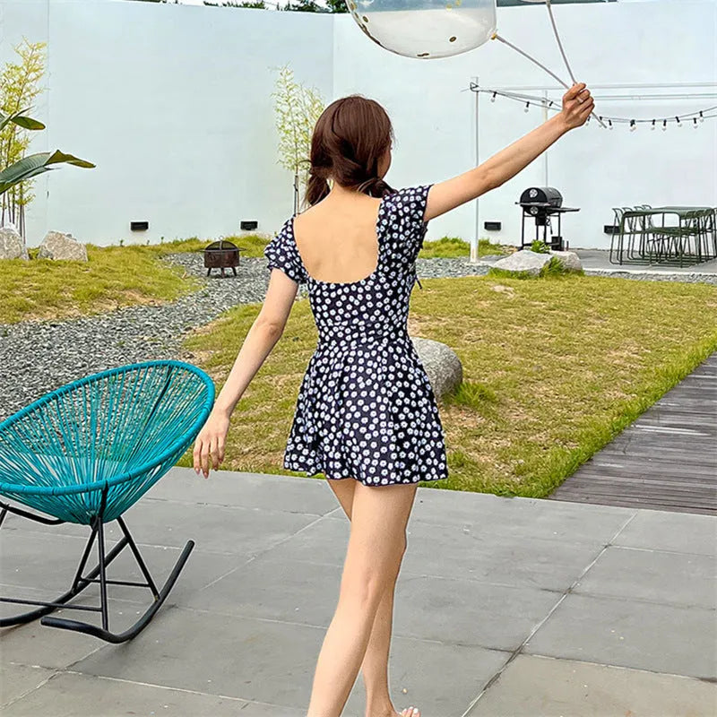 Floral one-piece skirt-style swimsuit for women short sleeves nylon fabric green colour