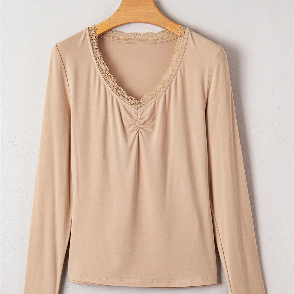 Women's red slim fit casual top with lace trim on long sleeves, Japanese Korean style.