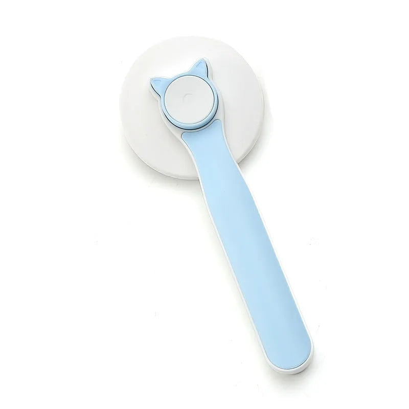 Self-cleaning pet slicker brush with blue ergonomic handle for dog and cat grooming
