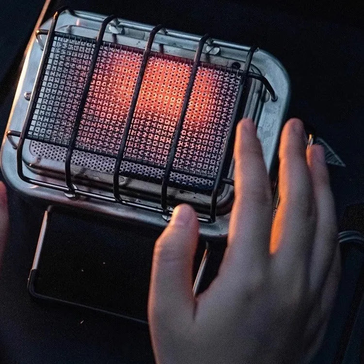 1800W outdoor heating stove with voltage regulator in metal primary colour, shown both expanded and collapsed for storage