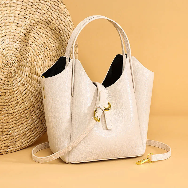 Genuine leather women's bucket bag in retro style with large capacity and file organiser