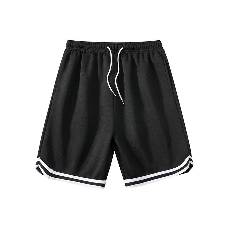 Men's loose fit polyester sports shorts in various colours on a size chart background.