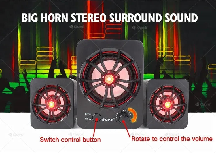 Green 2.1 USB computer speaker with colourful LED lights for PC and mobile devices