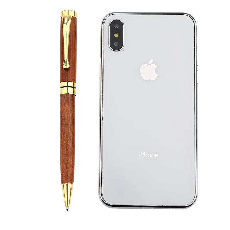 Wooden metal ballpoint pen with rosewood barrel on desk surface, 14cm length, gold colour option