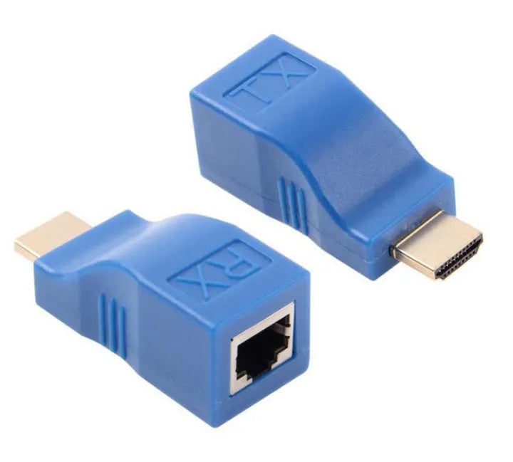 HDMI extender transmitter and receiver pair for signal transmission over Cat-5e/6 network cable.