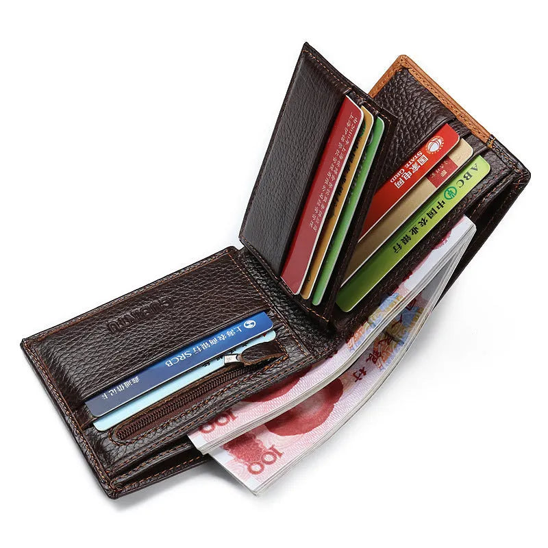 Korean style horizontal leather wallet with personality stitching, open to show bill holder, card slots and zipper compartment.