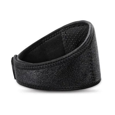 Black self-heating magnetic neck guard with adjustable shoulder strap.