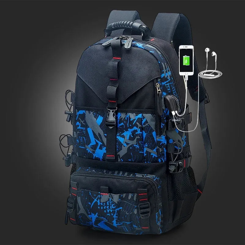 Men's large black waterproof Oxford cloth hiking backpack with anti-theft features