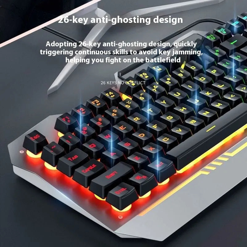 Metal gaming bundle showing mechanical keyboard with RGB lighting, matching mouse, and headset in black colour scheme