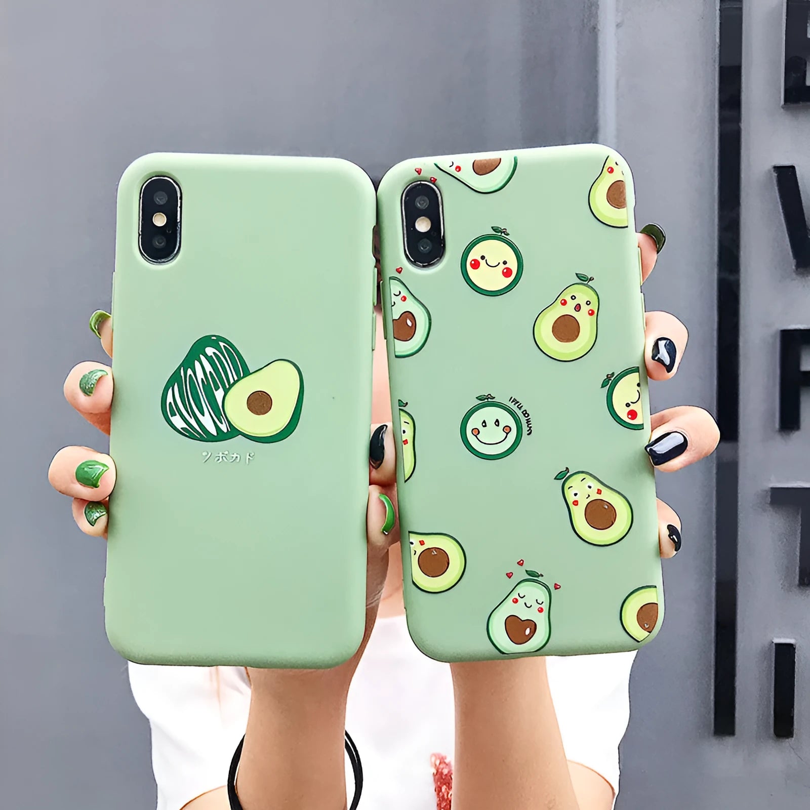 Cartoon-style avocado design on a green flexible TPU back cover for an iPhone
