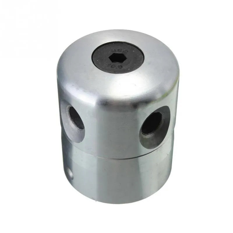Silver aluminium lawn mower grass trimmer head with four light yellow nylon cutting lines and wrench