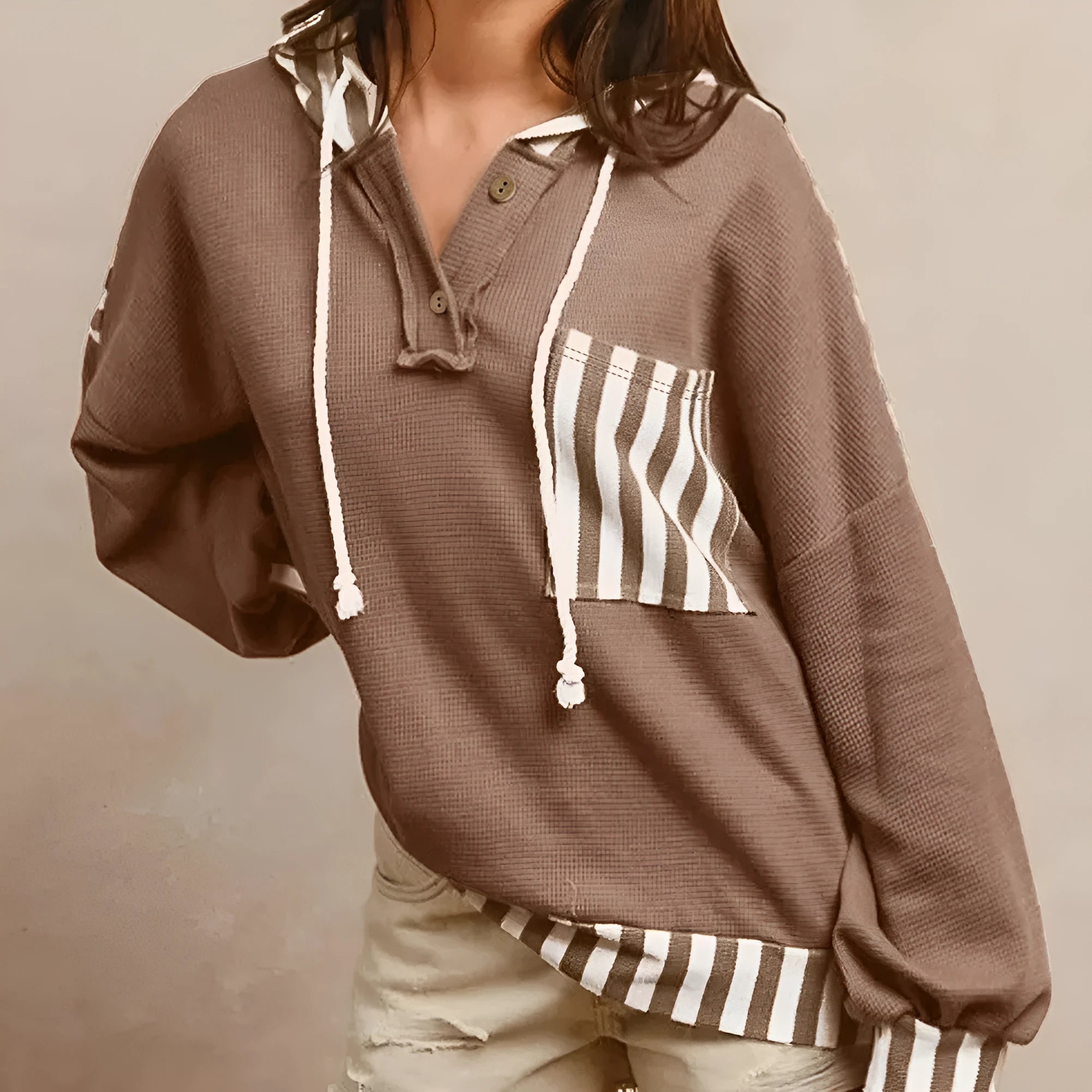 Straw yellow waffle texture hoodie with patchwork stripes and front drawstring