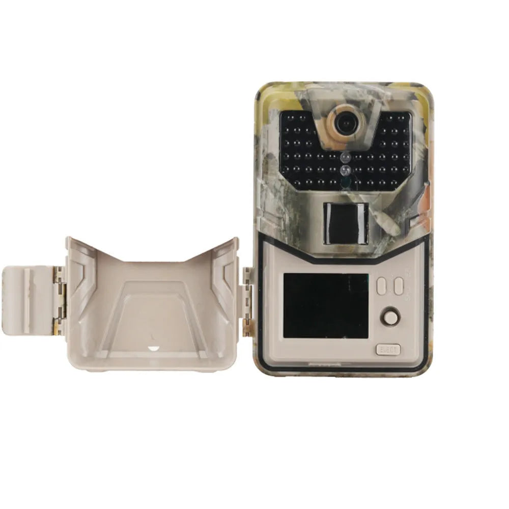 Outdoor camouflaged Bluetooth trail camera with infrared LEDs for night vision and mobile app connectivity.