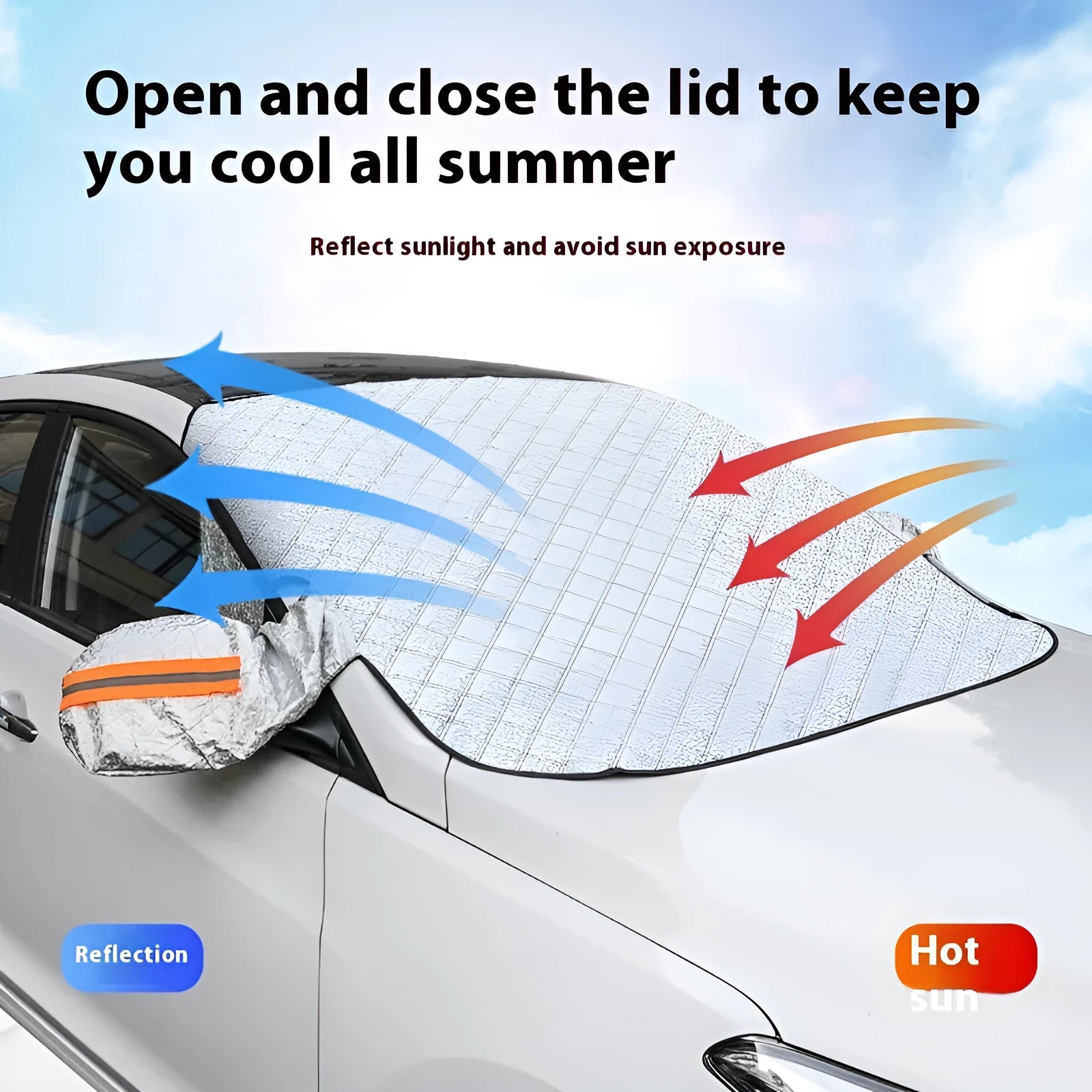 Large aluminium foil winter car cover for SUVs with reflective edges and five magnets.