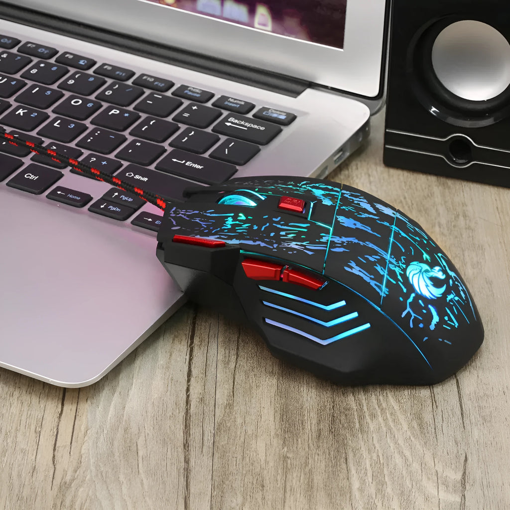 Colourful RGB gaming mouse with ergonomic design and USB cable for desktop gaming