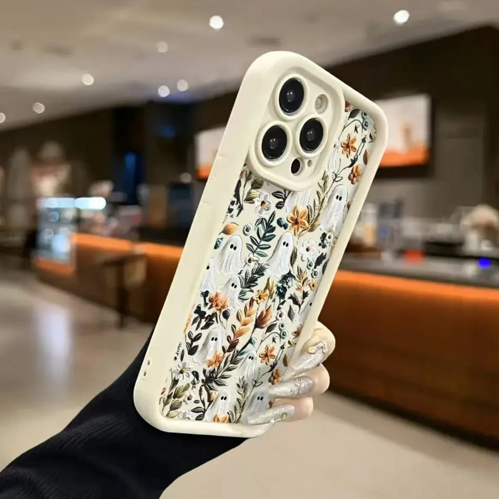 Ghost Flower frosted TPU phone case for Apple iPhone showing bracket stand and four colour options