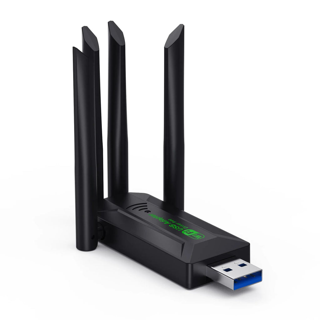 Black USB network transmitter with four antennas for computer signal coverage