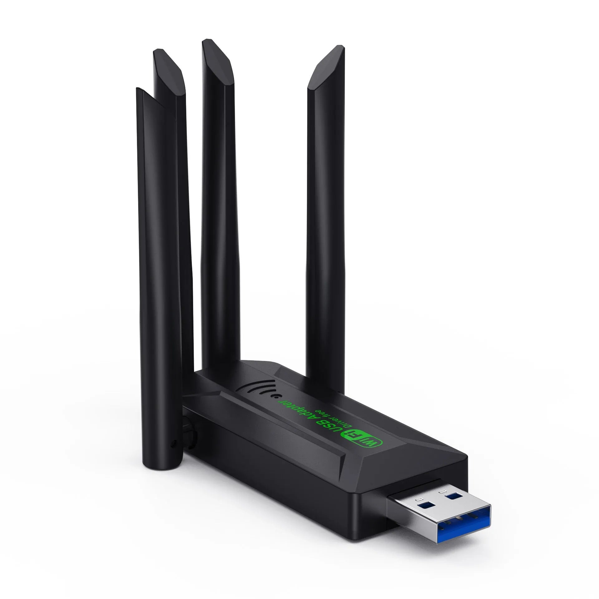 Black USB network transmitter with four antennas for computer signal coverage