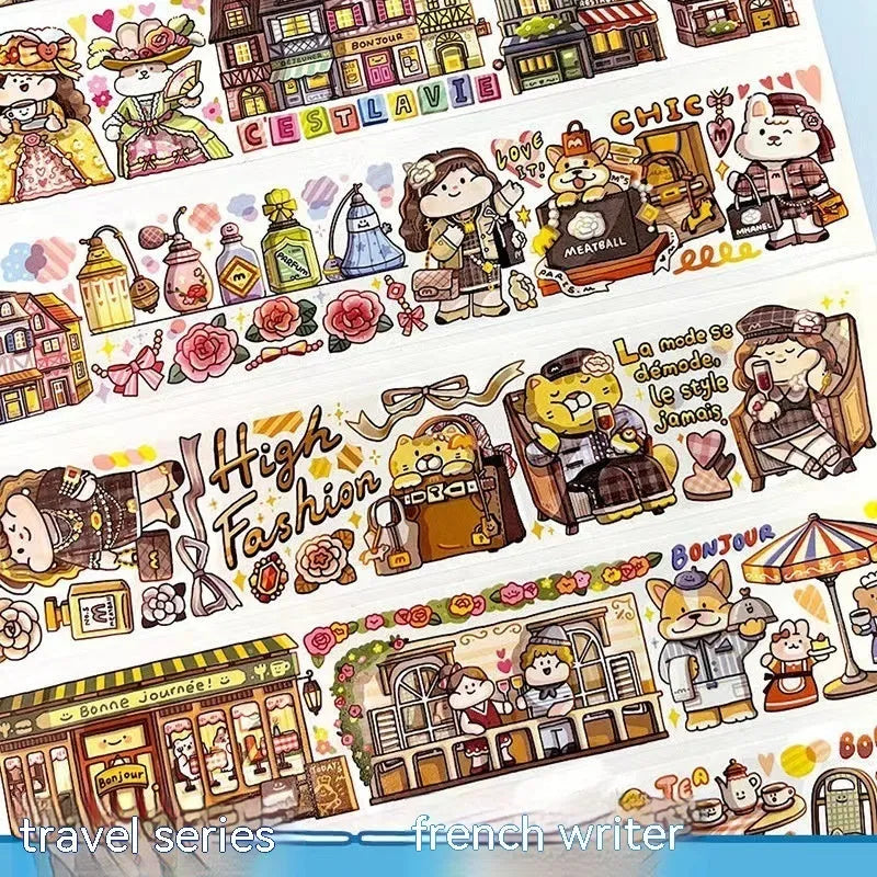 Sheet of cute cartoon character stickers on Japanese paper for haemorrhoid tape packaging.