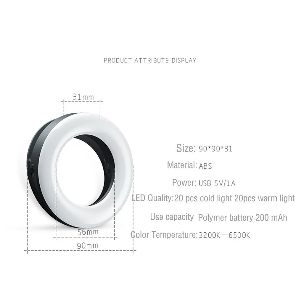 Black USB-rechargeable selfie ring light for mobile phone photography with adjustable brightness