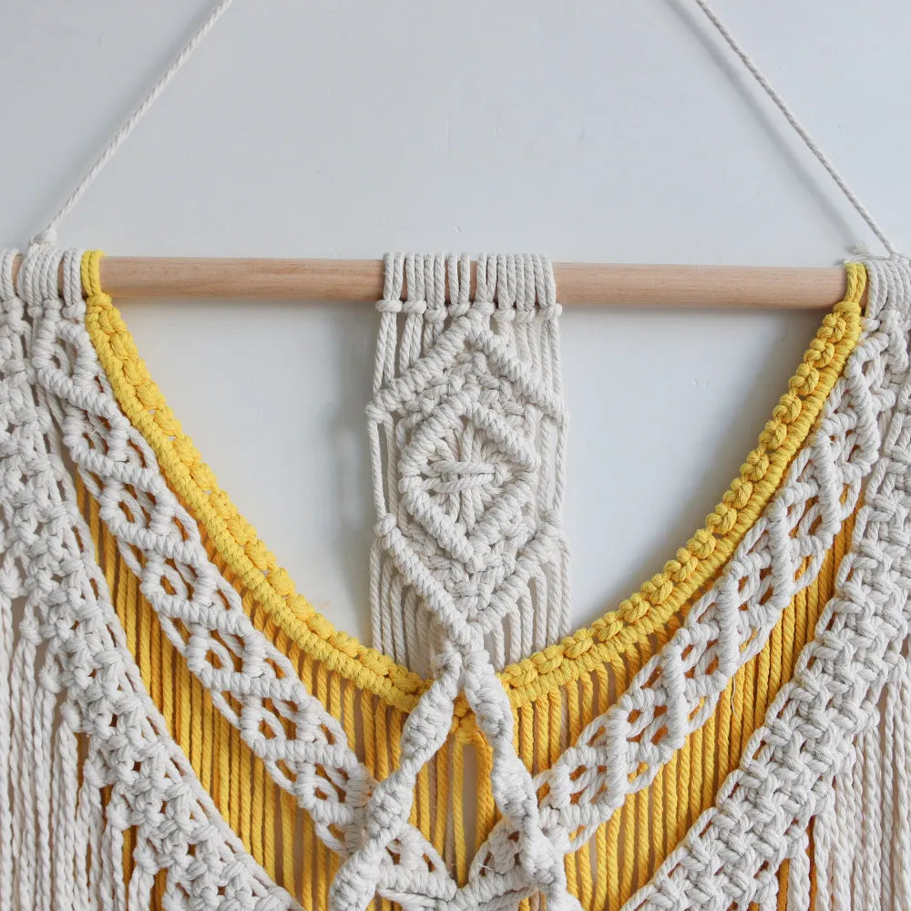 Creamy white woven cotton tapestry wall hanging with rectangular 120x95cm dimensions and hand-made weaving texture