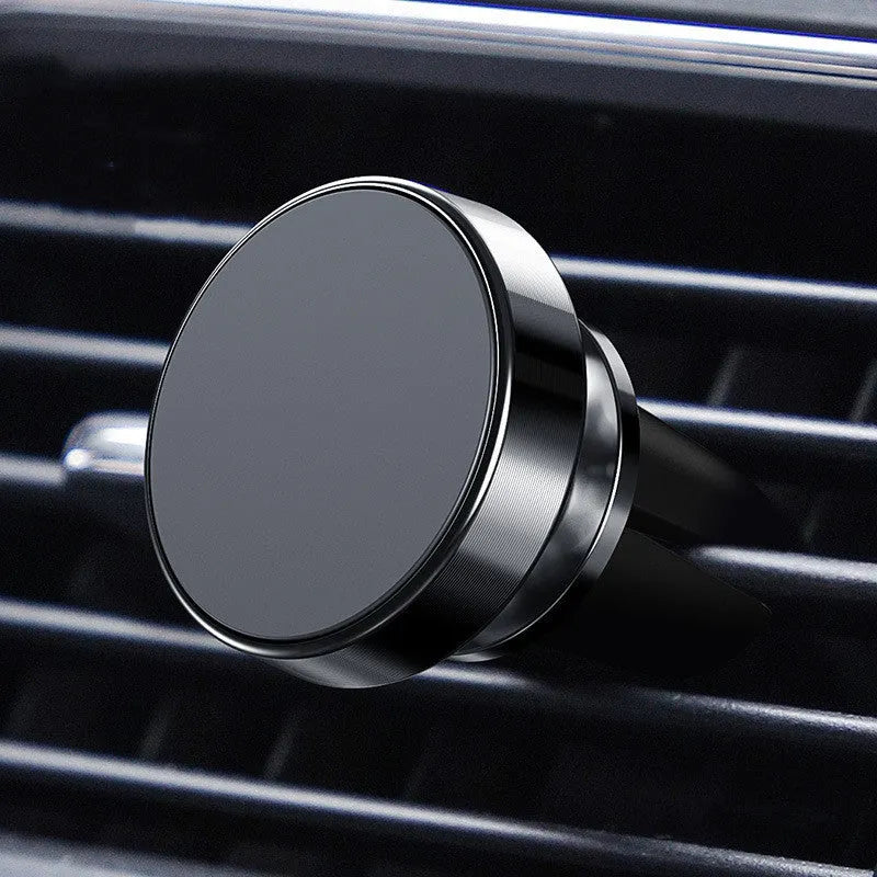 Magnetic car phone holder in aluminium alloy with CD texture, shown in black, gold, and silver colours.