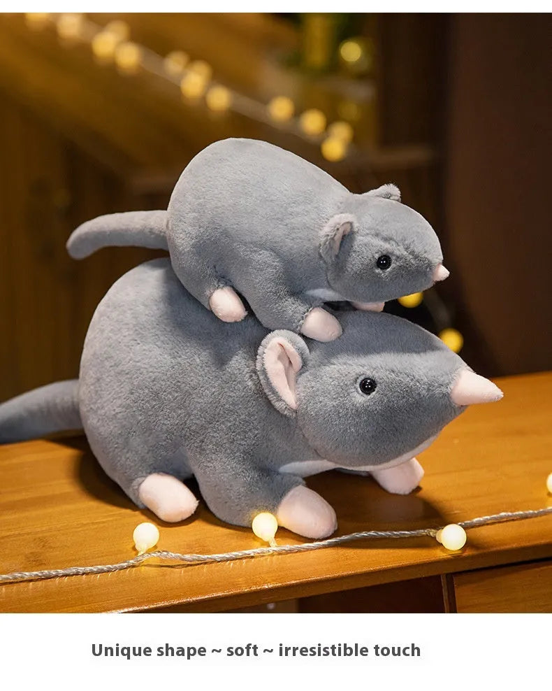Cartoon mouse character plush stuffed toy doll in grey, shown in 32cm, 50cm, and 100cm sizes.