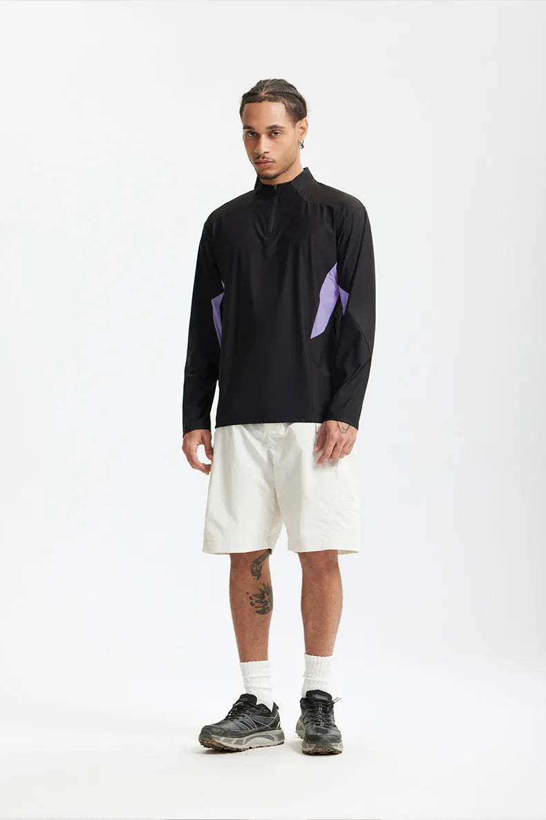 Men's lightweight polyester top with stitching detail in black or beige, available in long sleeve and short sleeve versions