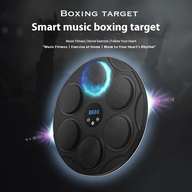 Black smart boxing target with coloured lights and hanging design for home fitness training