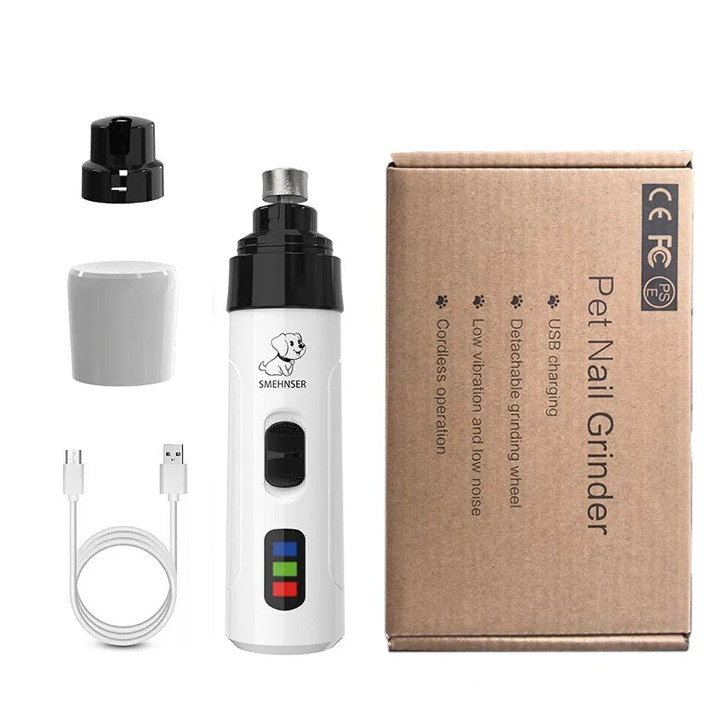 White electric pet nail trimmer with LED indicator light and dust collection chamber for dogs