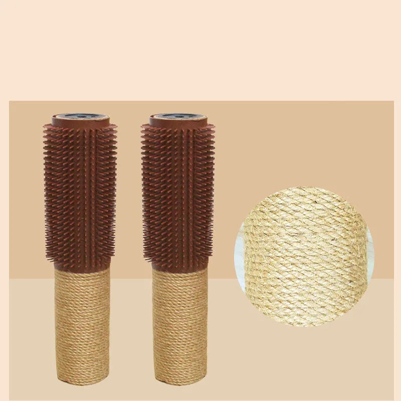 A tall, narrow sisal scratching post for cats on a floor.