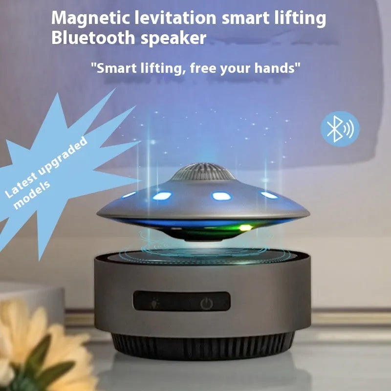 Automatic lifting magnetic levitation Bluetooth speaker with floating orb above a black base.