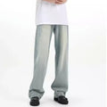 Blue retro trousers with loose fit and rabbit fur fabric composition on size chart