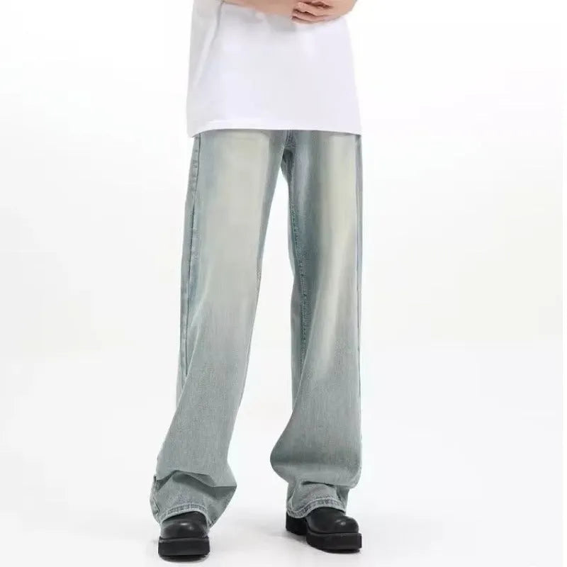 Blue retro trousers with loose fit and rabbit fur fabric composition on size chart