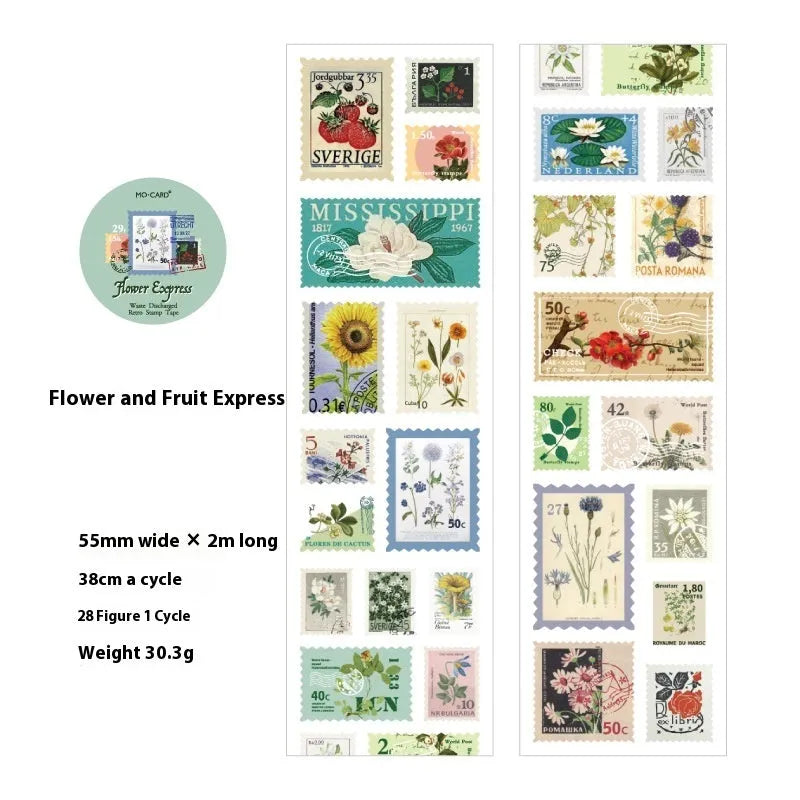 Roll of retro-design coated paper stamp stickers for journal decoration, showing one of four themed collections.