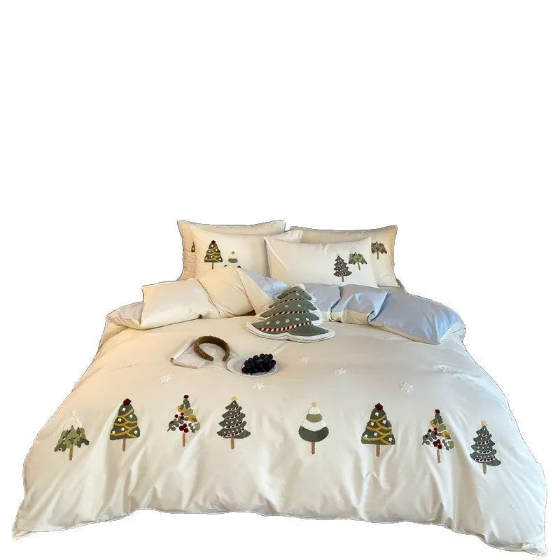 Pure cotton four-piece bedding set with embroidered Christmas tree towel design on plant and flower pattern