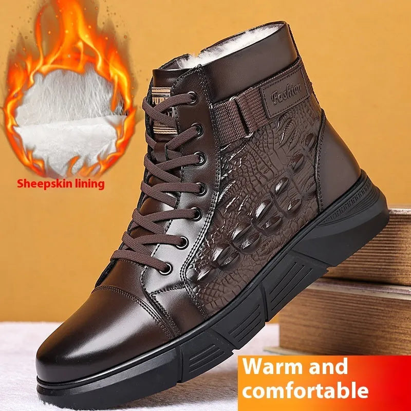 Black and brown genuine leather snow boots with fur integration, rubber soles, and front lace-up closure