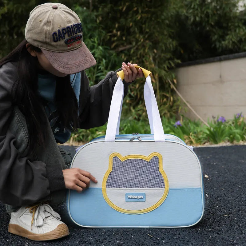 Foldable cat backpack carrier in blue colour with breathable Oxford cloth construction and 15 jin capacity