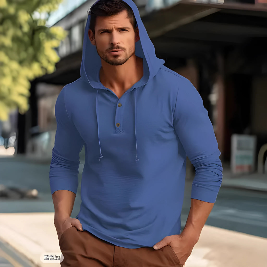 Men's cotton pullover hoodie in dark blue, shown in a European size, with long sleeves.