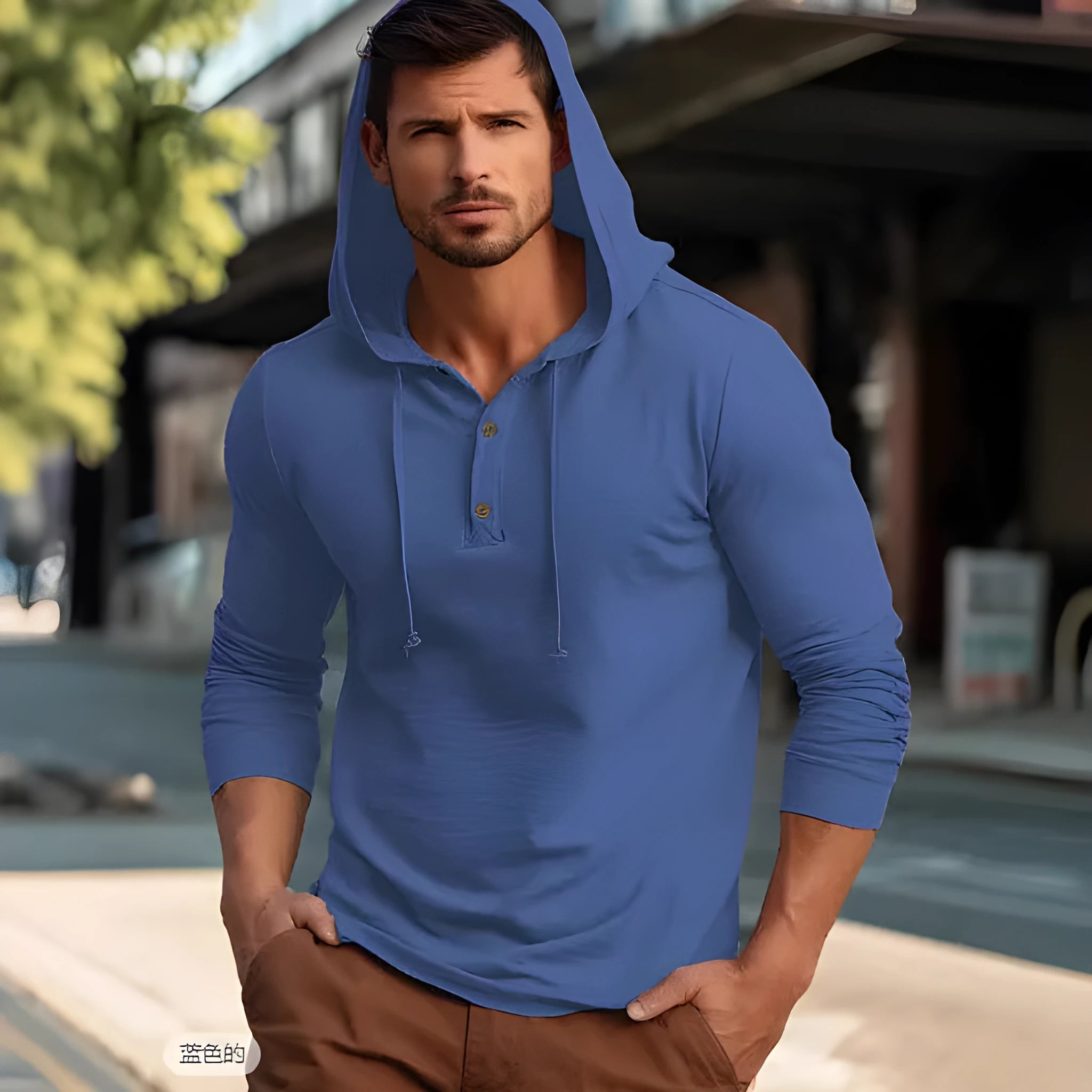 Men's cotton pullover hoodie in dark blue, shown in a European size, with long sleeves.