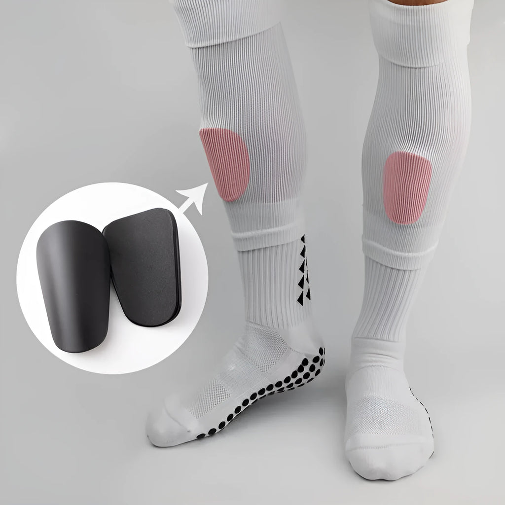 PU mini shin guards for football and sports in black, white, red, and blue colours showing front and back.