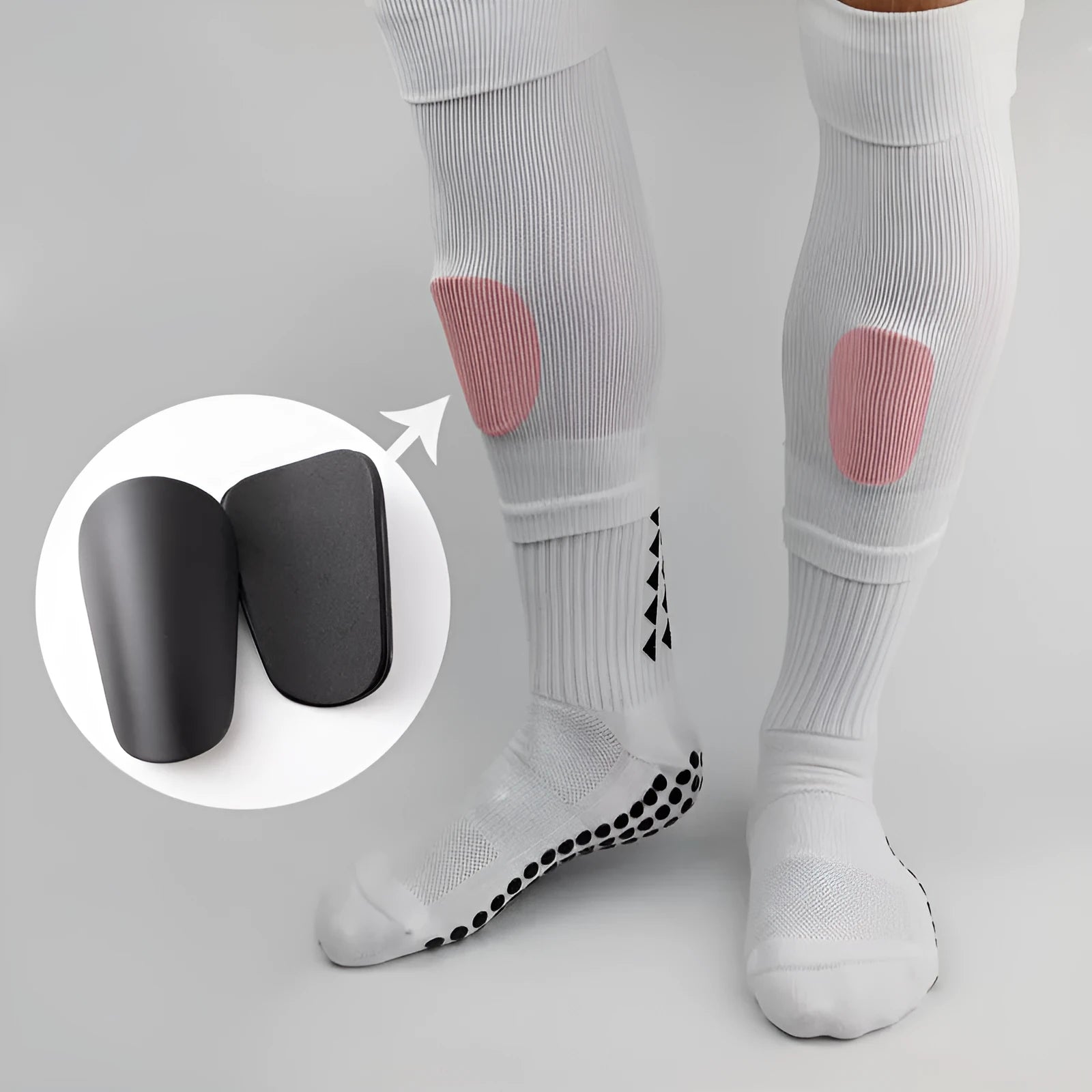 PU mini shin guards for football and sports in black, white, red, and blue colours showing front and back.